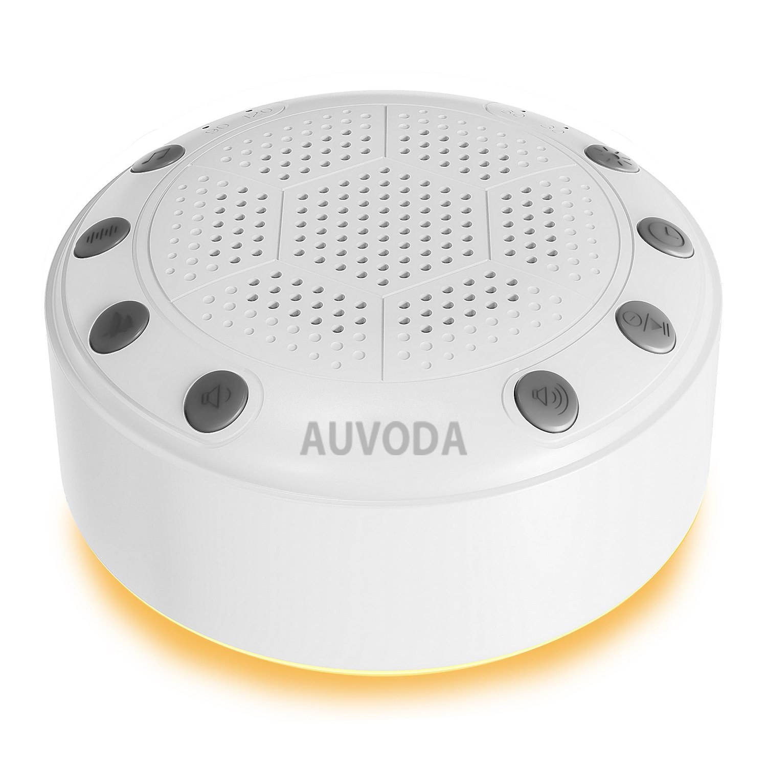 Auvoda S318 white noise machine glowing with its 11-colour LED light