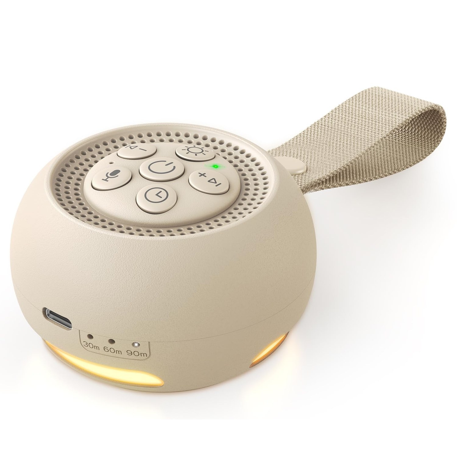 Babacom white noise machine shown with its voice recording button highlighted