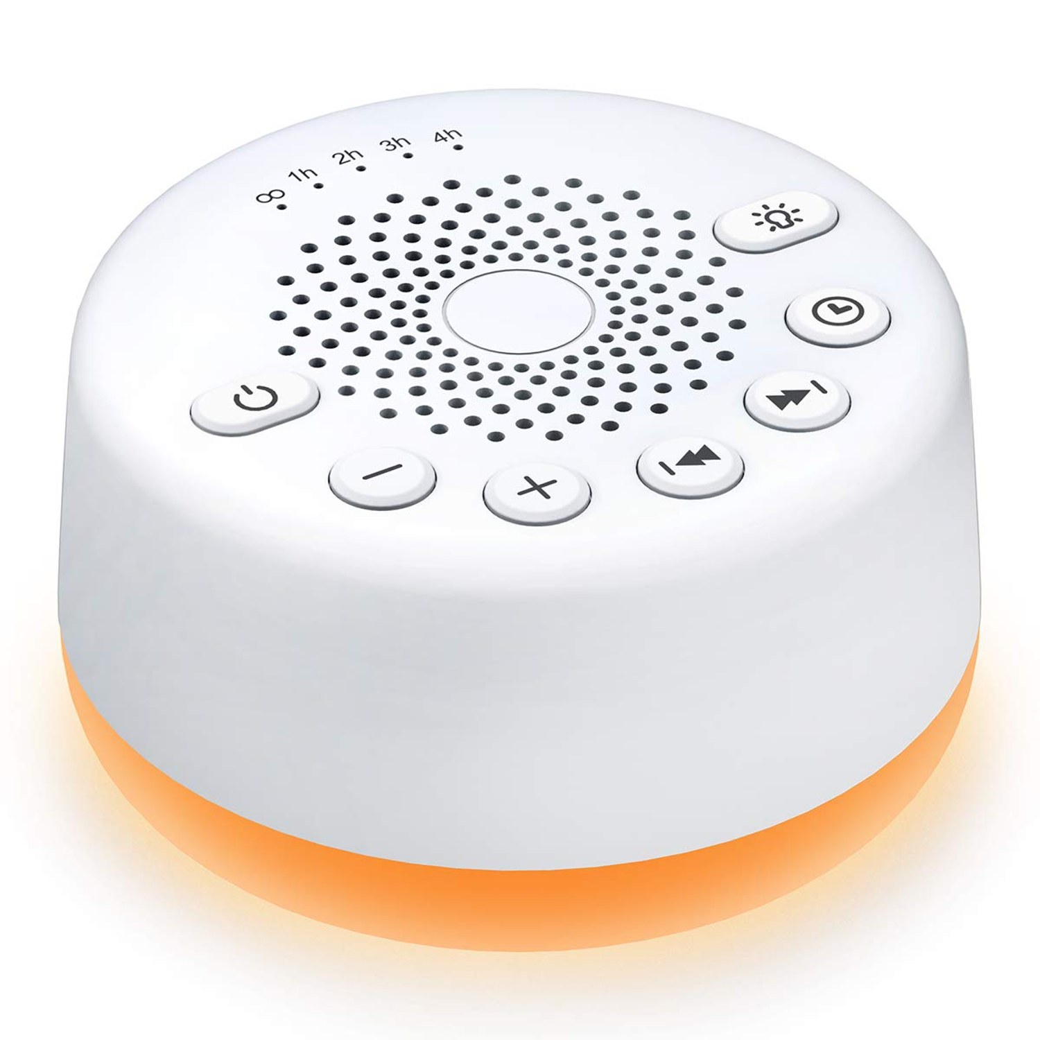 Easysleep white noise machine glowing softly with its warm night light on