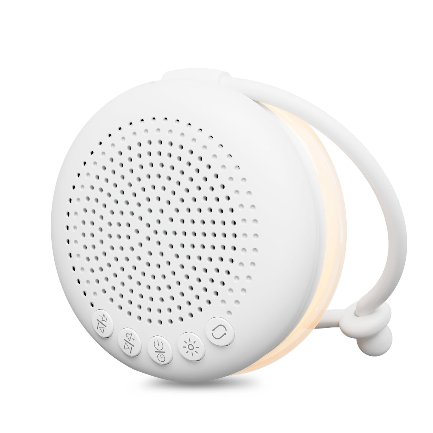 Glocusent N14 white noise machine strapped securely to a crib rail